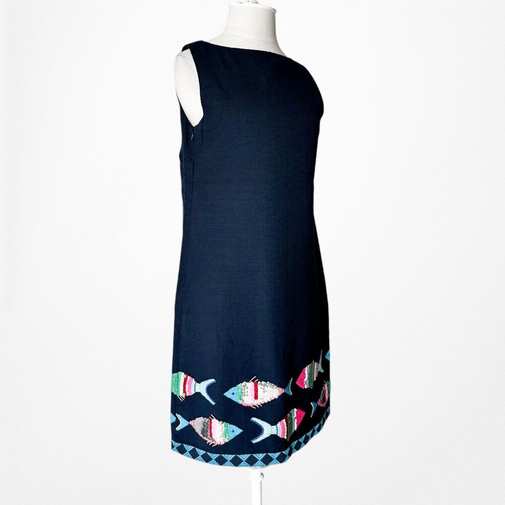 Vintage Y2K 90s Navy Blue Knee Length Tropical Print Casual Shift Dress Size M - Picture 7 of 9